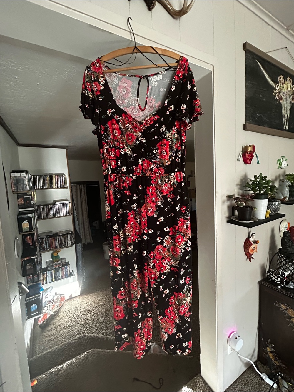 Maurices Black Jumpsuit with Red Floral Print and V-Neck